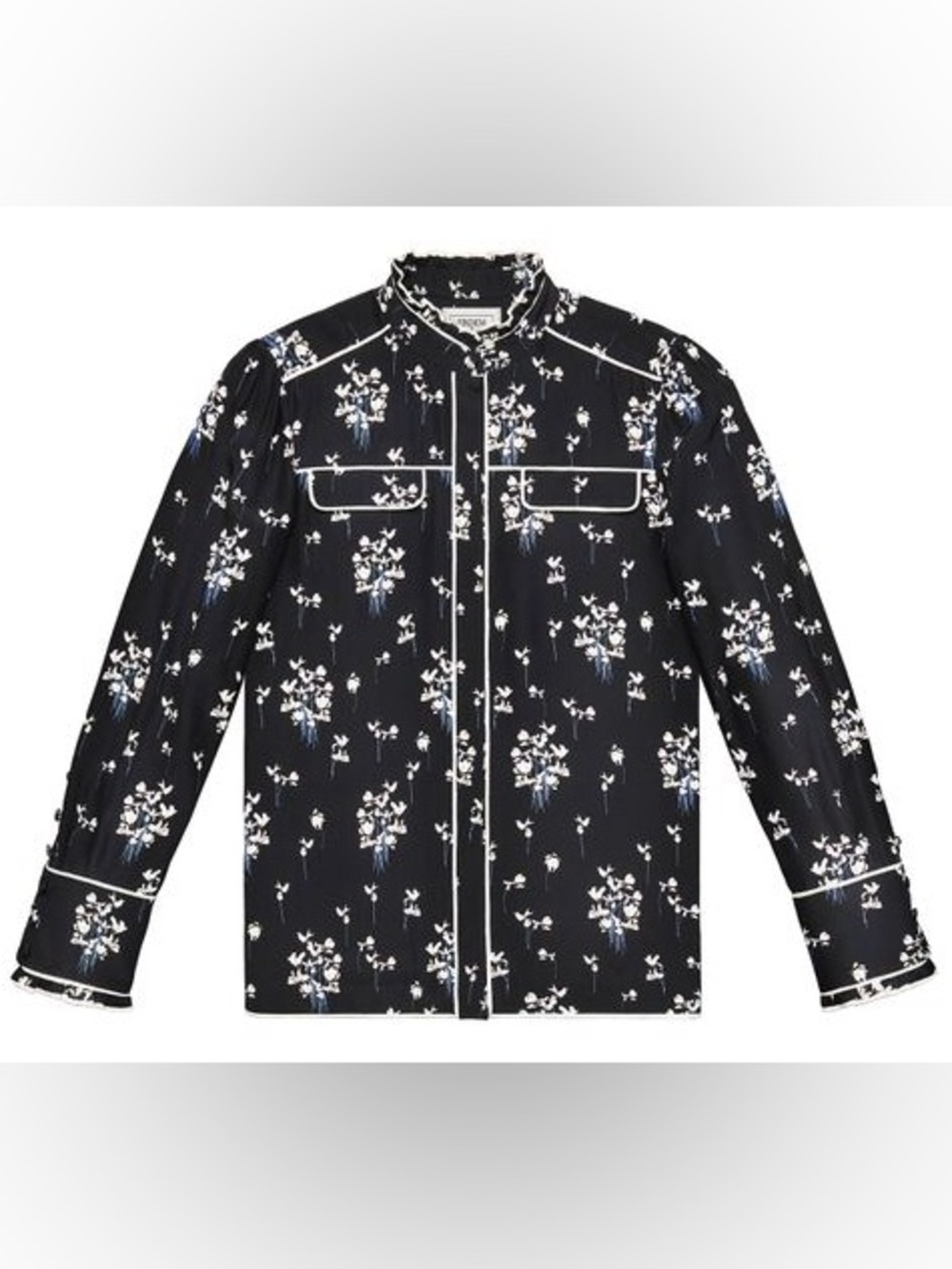 Erdem x H&M Silk Floral Blouse Size 4 Black Ruffle Collar Button Front